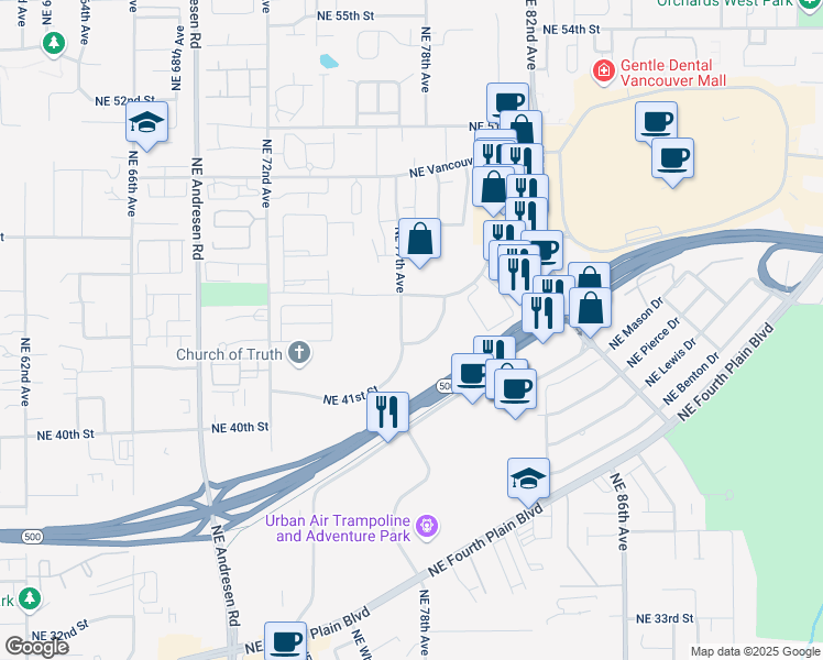 map of restaurants, bars, coffee shops, grocery stores, and more near 7710 Northeast Greenwood Drive in Vancouver