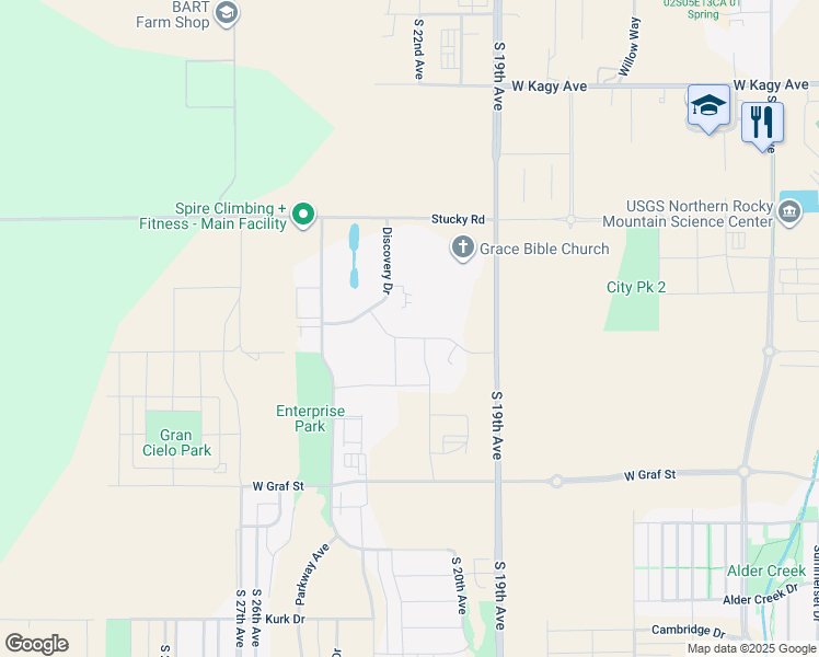 map of restaurants, bars, coffee shops, grocery stores, and more near Cornerstone Way in Bozeman