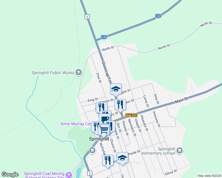 map of restaurants, bars, coffee shops, grocery stores, and more near 32 Nova Scotia Trunk 2 in Springhill