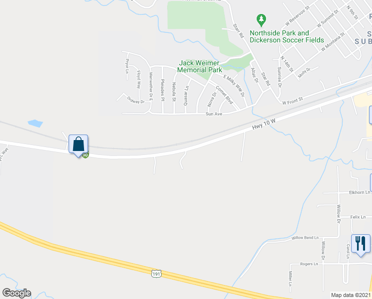 map of restaurants, bars, coffee shops, grocery stores, and more near Highway 10 West in Livingston