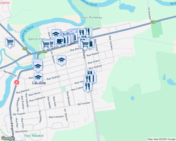 map of restaurants, bars, coffee shops, grocery stores, and more near 191 Avenue Béthany in Lachute
