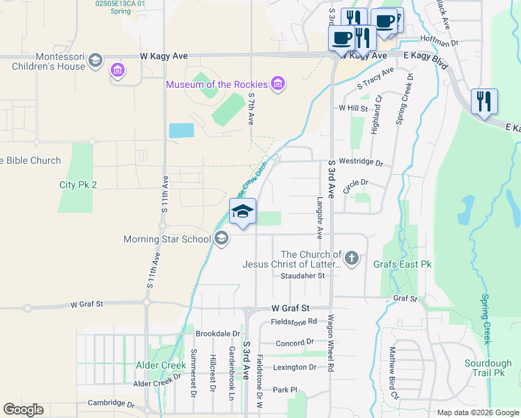 map of restaurants, bars, coffee shops, grocery stores, and more near 1364-2300 Westridge Drive in Bozeman