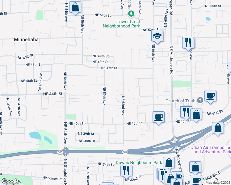 map of restaurants, bars, coffee shops, grocery stores, and more near 6103 Northeast 44th Circle in Vancouver