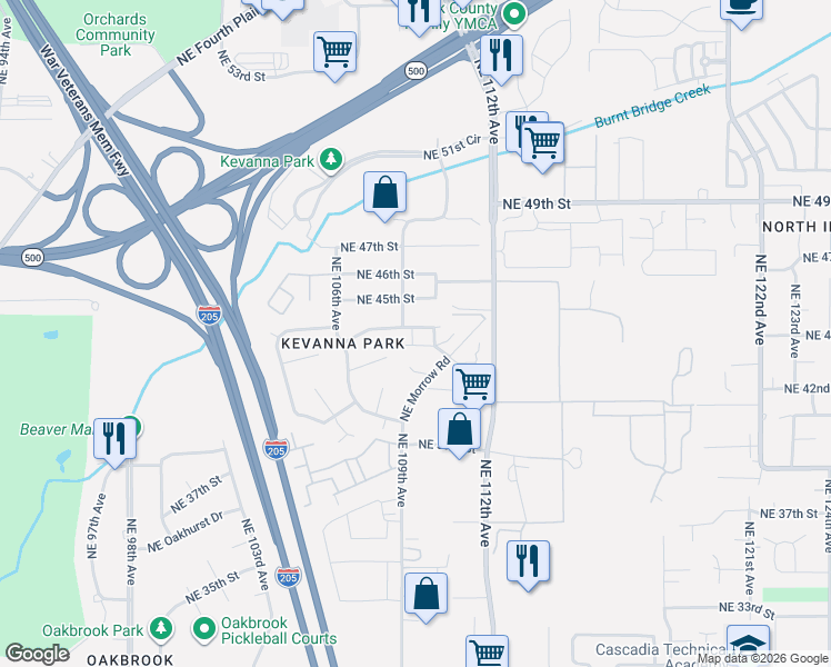 map of restaurants, bars, coffee shops, grocery stores, and more near 10917 Northeast 44th Street in Vancouver