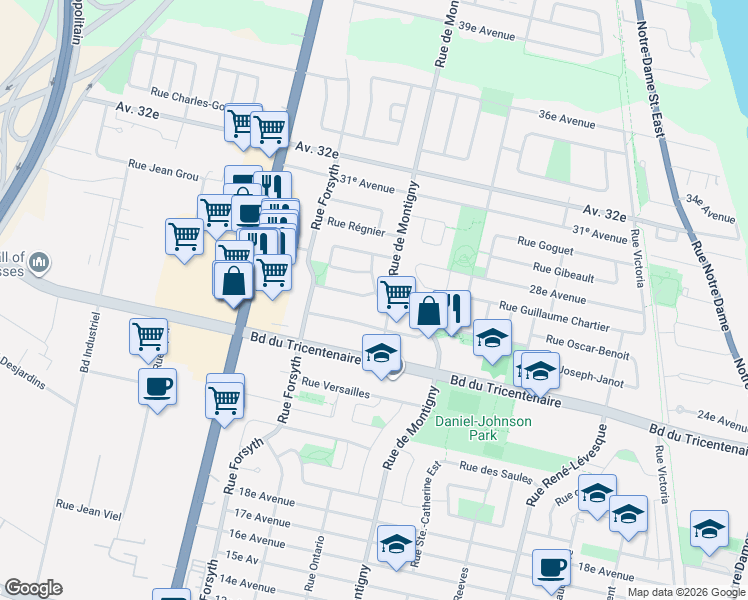 map of restaurants, bars, coffee shops, grocery stores, and more near 1790 Rue Jean-Leduc in Montréal