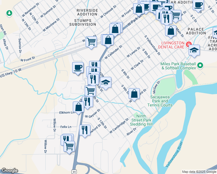 map of restaurants, bars, coffee shops, grocery stores, and more near 914 West Clark Street in Livingston