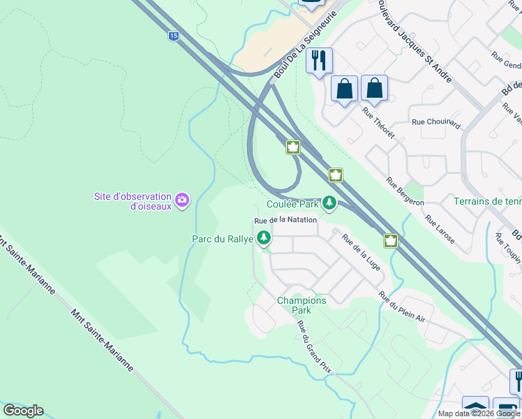 map of restaurants, bars, coffee shops, grocery stores, and more near 16985 Rue de la Natation in Mirabel