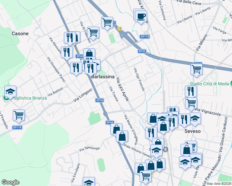 map of restaurants, bars, coffee shops, grocery stores, and more near 9 Viale Trieste in Barlassina
