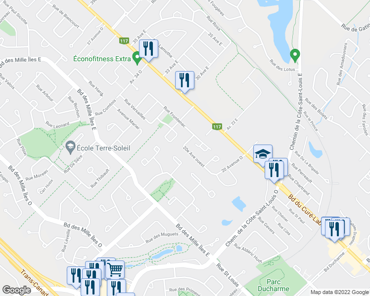 map of restaurants, bars, coffee shops, grocery stores, and more near 20e avenue ouest in Blainville