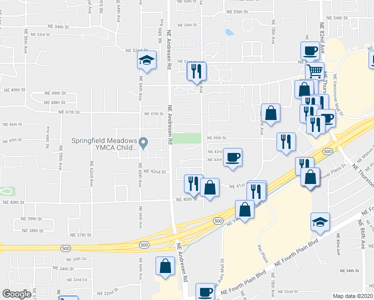 map of restaurants, bars, coffee shops, grocery stores, and more near 7103 Northeast 44th Circle in Vancouver