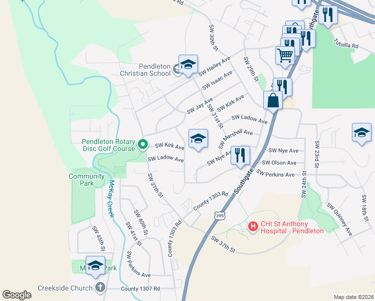 map of restaurants, bars, coffee shops, grocery stores, and more near 928 Southwest 33rd Street in Pendleton