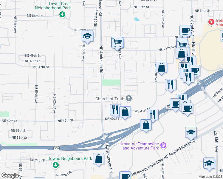 map of restaurants, bars, coffee shops, grocery stores, and more near 7103 Northeast 44th Circle in Vancouver
