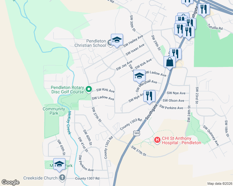 map of restaurants, bars, coffee shops, grocery stores, and more near 928 Southwest 33rd Street in Pendleton