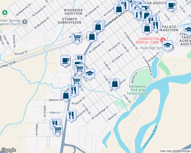 map of restaurants, bars, coffee shops, grocery stores, and more near 914 West Clark Street in Livingston