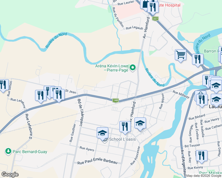 map of restaurants, bars, coffee shops, grocery stores, and more near 80 Rue Alexandre in Lachute