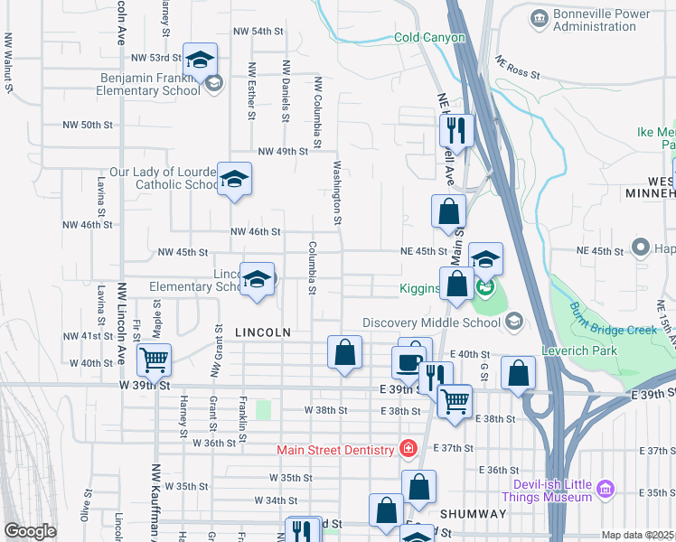 map of restaurants, bars, coffee shops, grocery stores, and more near 4400 Northwest Washington Street in Vancouver