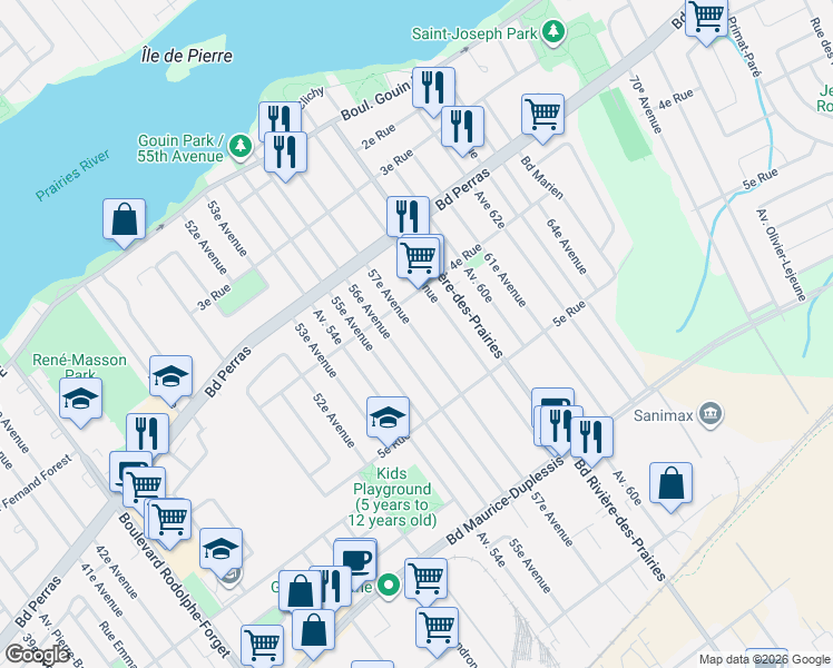 map of restaurants, bars, coffee shops, grocery stores, and more near 57e Avenue in Montréal