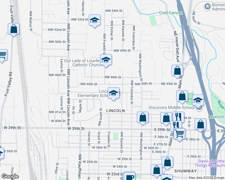 map of restaurants, bars, coffee shops, grocery stores, and more near 414 Northwest 44th Street in Vancouver