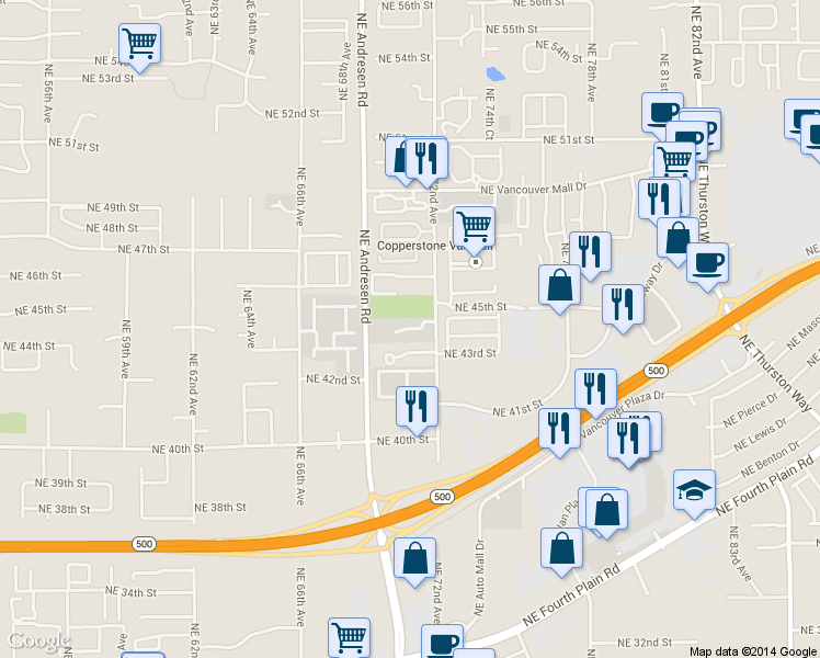 map of restaurants, bars, coffee shops, grocery stores, and more near 7103 Northeast 44th Circle in Vancouver