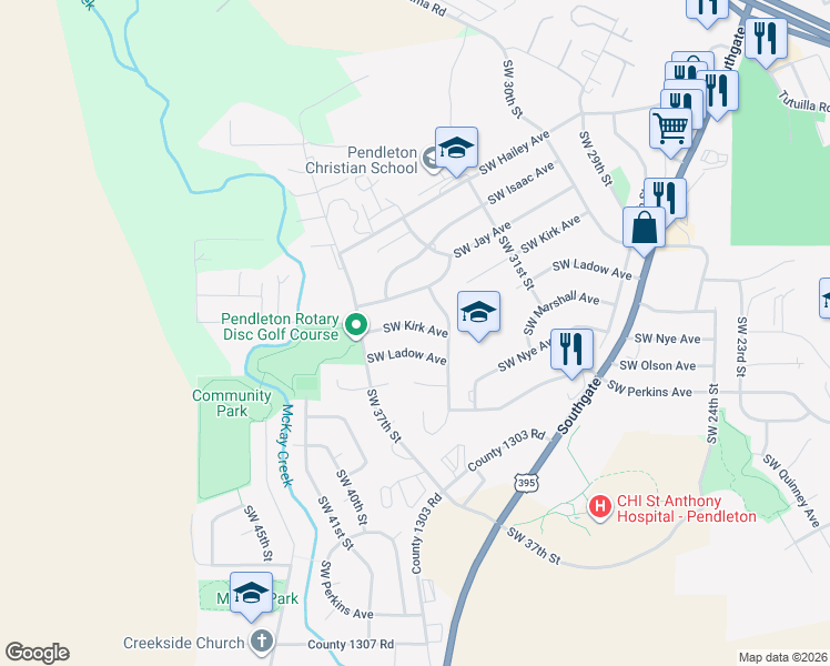 map of restaurants, bars, coffee shops, grocery stores, and more near 3316 Southwest Kirk Avenue in Pendleton