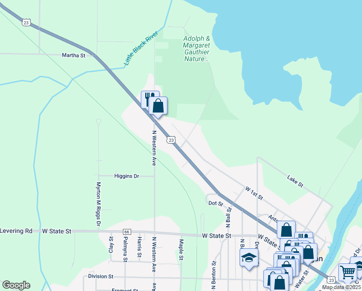 map of restaurants, bars, coffee shops, grocery stores, and more near 1202 Mackinaw Avenue in Cheboygan