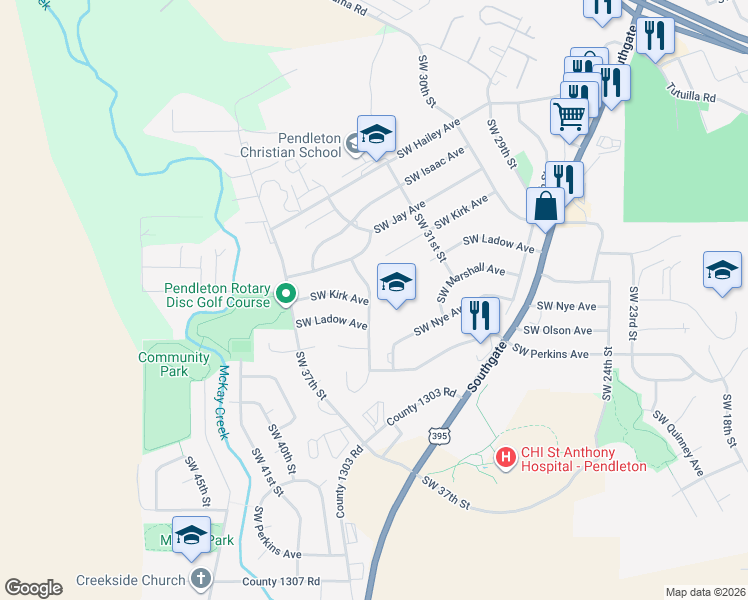 map of restaurants, bars, coffee shops, grocery stores, and more near 928 Southwest 33rd Street in Pendleton