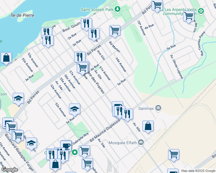map of restaurants, bars, coffee shops, grocery stores, and more near 12215 60e Av in Montreal