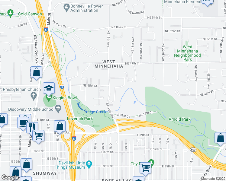 map of restaurants, bars, coffee shops, grocery stores, and more near 4418 Northeast Valley View Lane in Vancouver