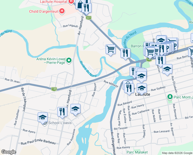 map of restaurants, bars, coffee shops, grocery stores, and more near 267 Rue Principale in Lachute