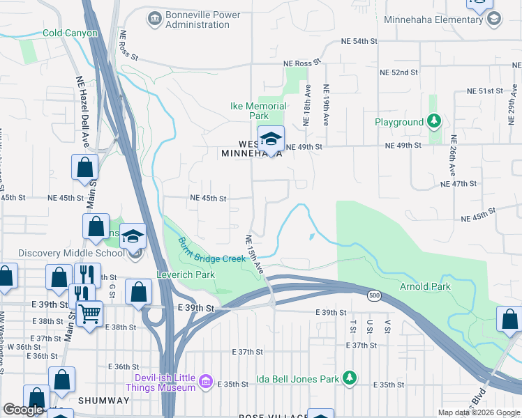 map of restaurants, bars, coffee shops, grocery stores, and more near 4418 Northeast Valley View Lane in Vancouver