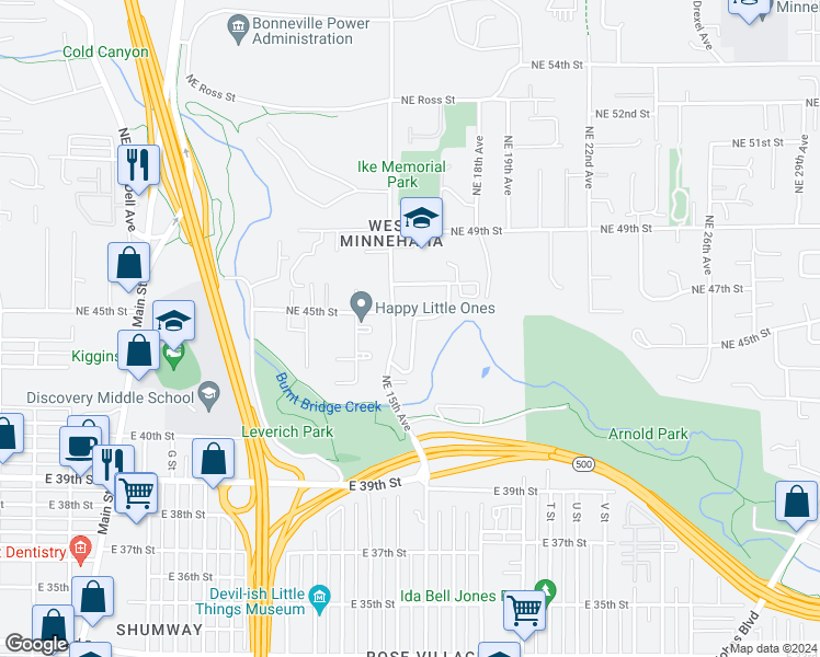 map of restaurants, bars, coffee shops, grocery stores, and more near 4418 NE Valley View Ln in Vancouver