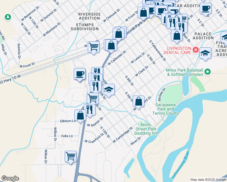 map of restaurants, bars, coffee shops, grocery stores, and more near 914 West Clark Street in Livingston