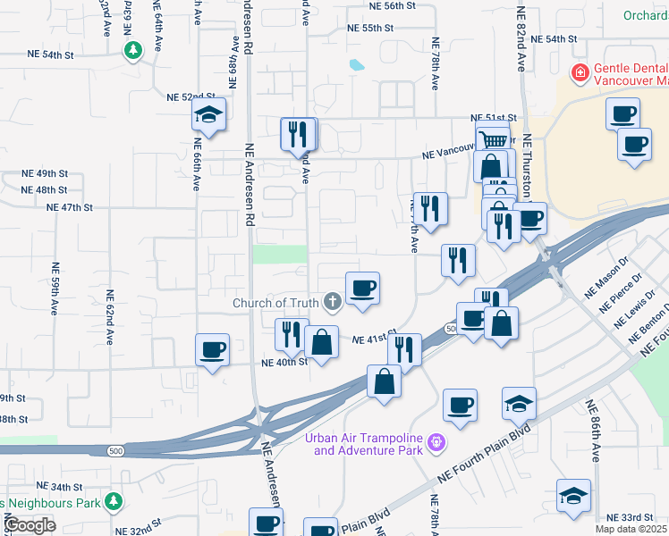 map of restaurants, bars, coffee shops, grocery stores, and more near 7215 Northeast 44th Way in Vancouver