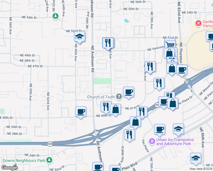 map of restaurants, bars, coffee shops, grocery stores, and more near 7106 Northeast 44th Circle in Vancouver