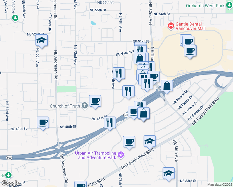 map of restaurants, bars, coffee shops, grocery stores, and more near 7710 Northeast Greenwood Drive in Vancouver