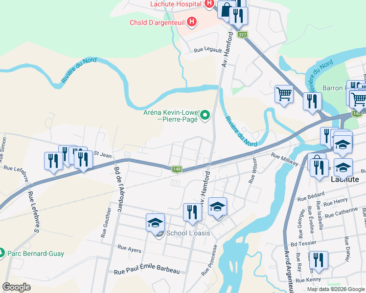 map of restaurants, bars, coffee shops, grocery stores, and more near 80 Rue Alexandre in Lachute