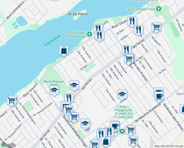 map of restaurants, bars, coffee shops, grocery stores, and more near 9301 Boulevard Perras in Montréal