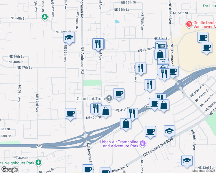 map of restaurants, bars, coffee shops, grocery stores, and more near 7215 Northeast 44th Way in Vancouver