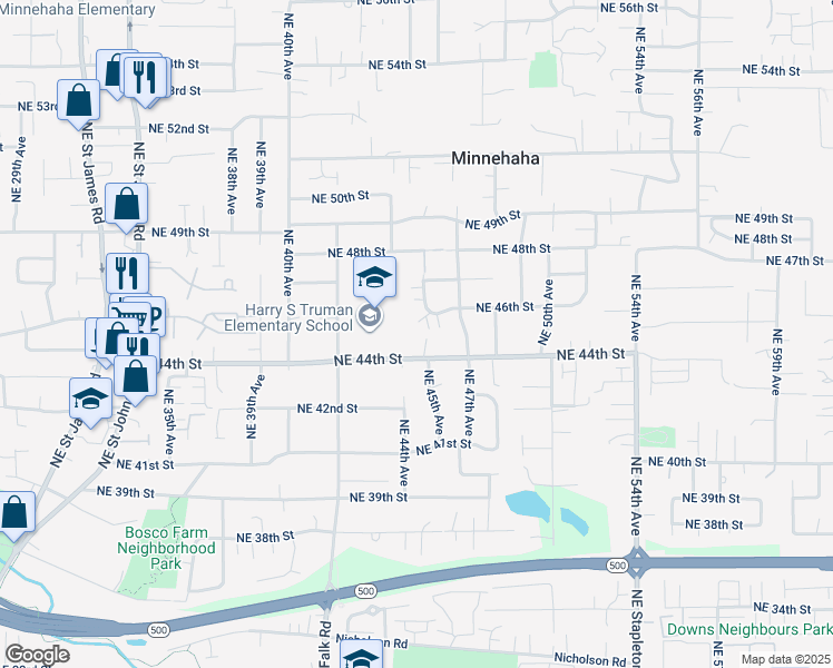 map of restaurants, bars, coffee shops, grocery stores, and more near 4413 Northeast 46th Circle in Vancouver