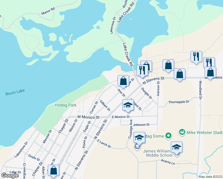 map of restaurants, bars, coffee shops, grocery stores, and more near 1356 Curran Street in Rhinelander