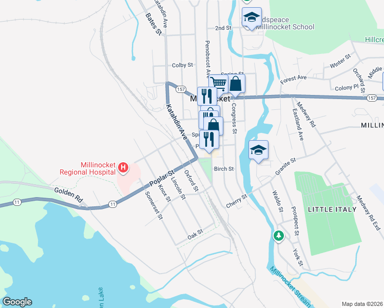 map of restaurants, bars, coffee shops, grocery stores, and more near 124 Katahdin Avenue in Millinocket