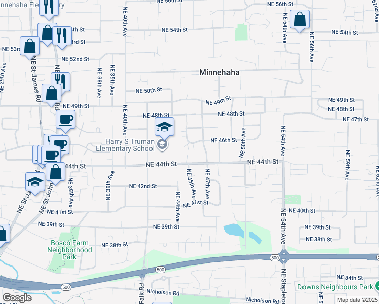 map of restaurants, bars, coffee shops, grocery stores, and more near 4413 Northeast 46th Circle in Vancouver