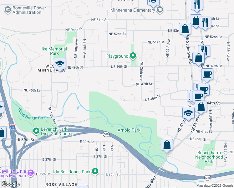 map of restaurants, bars, coffee shops, grocery stores, and more near 2304 Northeast 45th Circle in Vancouver