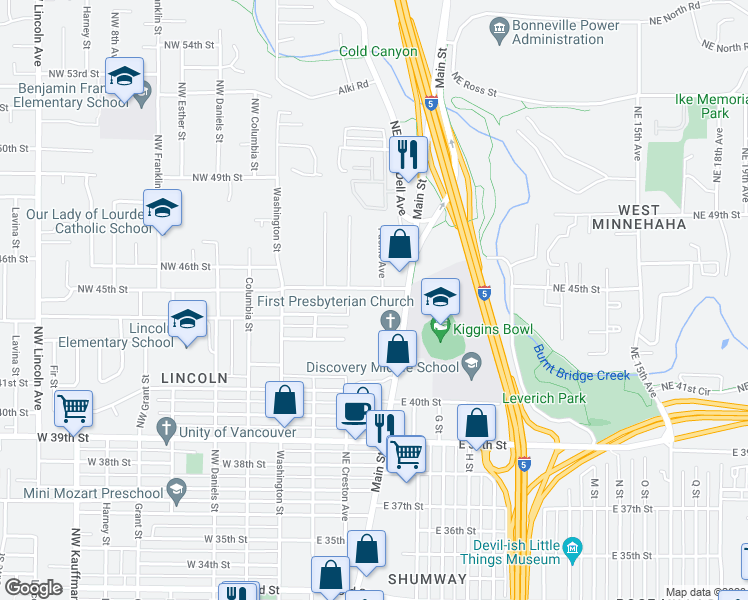 map of restaurants, bars, coffee shops, grocery stores, and more near 301 East 45th Street in Vancouver
