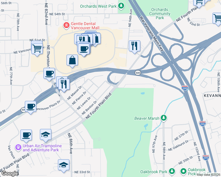 map of restaurants, bars, coffee shops, grocery stores, and more near 9019 Northeast Benton Drive in Vancouver