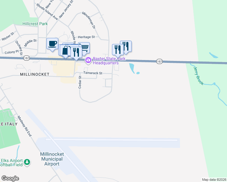 map of restaurants, bars, coffee shops, grocery stores, and more near 50 Cedar Street in Millinocket