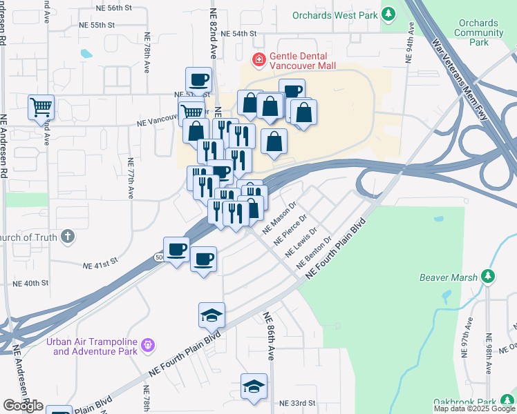 map of restaurants, bars, coffee shops, grocery stores, and more near 4317 Northeast Thurston Way in Vancouver