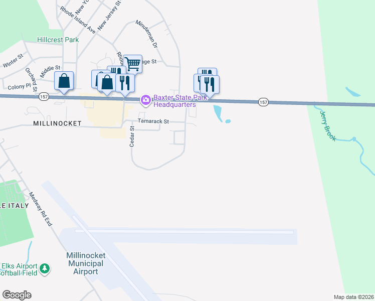 map of restaurants, bars, coffee shops, grocery stores, and more near 50 Cedar Street in Millinocket