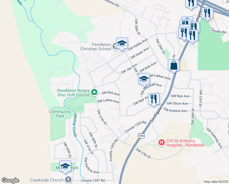 map of restaurants, bars, coffee shops, grocery stores, and more near 3316 Southwest Kirk Avenue in Pendleton