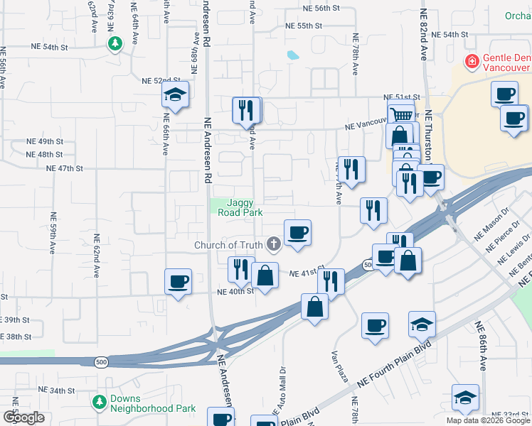 map of restaurants, bars, coffee shops, grocery stores, and more near 7217 Northeast 44th Way in Vancouver
